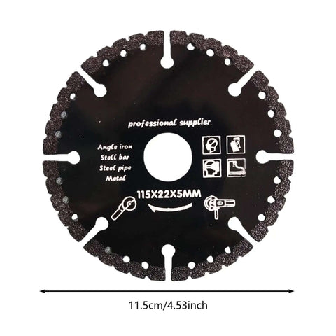 4.5 inch diamond cutting wheel for angle grinder, showing measurement and cut types, heavy-duty disc for tile, stone, metal.