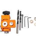 Double Hole Punch Locator And Adjustable Drill Positioning Jig With 12mm Eccentric Nut For Precise Woodworking And Furniture Assembly, Solid Aluminum Alloy Build, Easy To Use, Workshop Ready Clamp, Range 15 To 25mm And Rod Length 20 To 33mm For Any, shown with drill bits and accessories