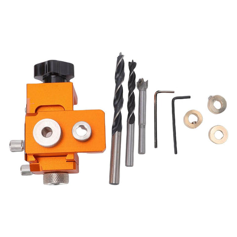 Double Hole Punch Locator And Adjustable Drill Positioning Jig With 12mm Eccentric Nut For Precise Woodworking And Furniture Assembly, Solid Aluminum Alloy Build, Easy To Use, Workshop Ready Clamp, Range 15 To 25mm And Rod Length 20 To 33mm For Any, shown with drill bits and accessories