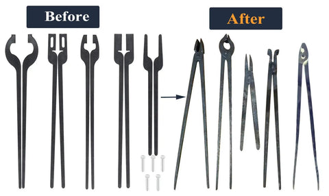 DIY Rapid Tongs Bundle For Blacksmithing Five Types Of Tongs With Rivets Five Sixteenth Inch Mild Steel Before and After