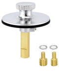 Front view of chrome bathtub drain stopper with lift-and-turn knob, brass stem, and two adapters with washers