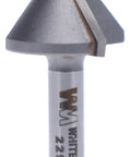 Carbide Tipped Chamfer Router Bit 45 Degree Bevel With Quarter Inch Shank Seven Sixteenths Cutting Length Five Sixteenths Cutting Height Durable Woodworking Cutter For Clean Edges displayed vertically showing design and shank size.
