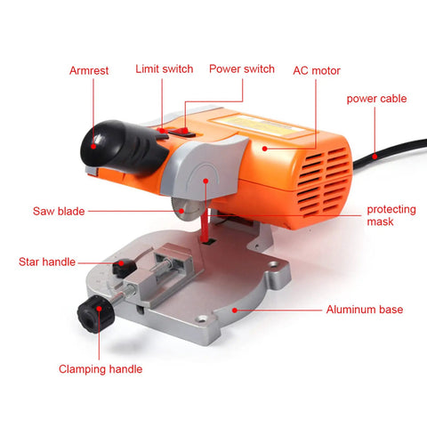 Mini Desktop 0 To 45 Degrees Multi Angle Portable Cutter showing components with power switch and aluminum base