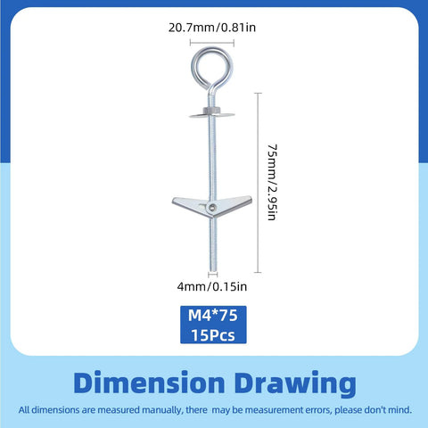 15 Piece M4 75mm O Shaped Eye Bolt Toggle Anchors Kit For Drywall Sheetrock Hollow Wall And Ceiling Installations dimensions