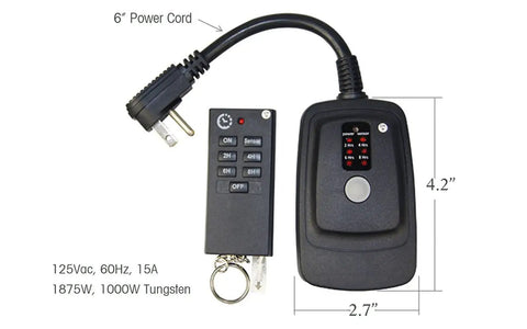 Super Tough Weatherproof Remote Outlet Power Strip With 100 Foot Wireless Range, featuring a remote control and power cord.