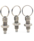 Three stainless steel index plungers with threaded screw body and pull lock lever, designed for equipment cabinets.