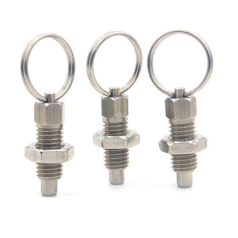 Three stainless steel index plungers with threaded screw body and pull lock lever, designed for equipment cabinets.