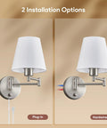 Dope Adjustable Swing Arm Wall Lamp Brushed Nickel With White Fabric Shade Plug In Wall Sconce showing plug-in and hardwired options