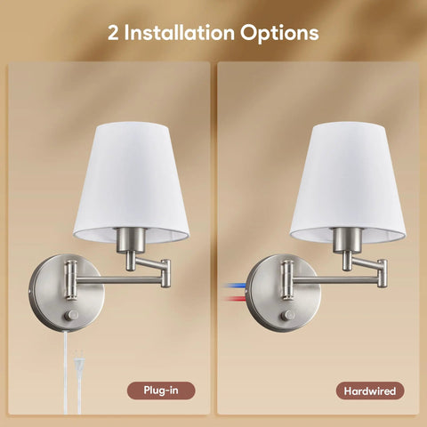 Dope Adjustable Swing Arm Wall Lamp Brushed Nickel With White Fabric Shade Plug In Wall Sconce showing plug-in and hardwired options