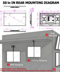 50 Inch Led Poster Frame With Top Shelf 4K HD Resolution illustration showing rear mounting options and dimensions for wall mounting.