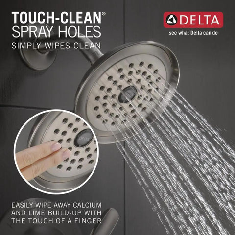 Close-up of shower head from Woodhurst 14 Series Brushed Nickel Shower Trim Kit With Matching Shower Head And Handle Universal Rough-In Compatible Valve Not Included Great For A Slick Bath Remodel Look.