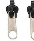 Six Piece Universal Zipper Repair Kit For Quick Fixes On Clothes Bags And Gear Includes Sliders Top And Bottom Stops Zipper Teeth Design Easy DIY Repair Kit For Fast Zipper Fixes Durable All In One with six metal and plastic zipper sliders displayed in a row.