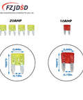 Image showing 20AMP yellow and 10AMP red fuses with dimensions, for TIPM Repair Fuel Pump Relay Bypass Cable for Dodge Ram and Jeep.
