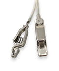 Close-up of Pro Fencing Mask Cord Set For Foil And Saber, 2 Pack, with clear wires and Elite Series head clamp clip for competition.