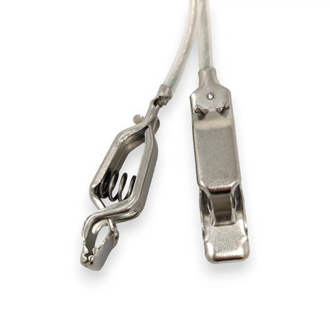 Close-up of Pro Fencing Mask Cord Set For Foil And Saber, 2 Pack, with clear wires and Elite Series head clamp clip for competition.