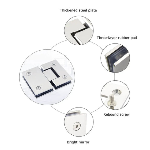 Top Shelf 304 Stainless Steel Frameless Glass Shower Hinges 2 Pack swivel detail with thickened steel plate and three-layer rubber pad.