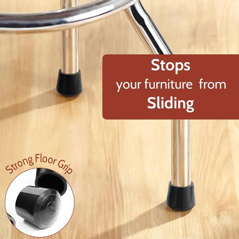 Heavy Duty One Inch Rubber Chair Leg Caps With Total Game Changer Floor Protectors For Dining Table Furniture 16 Pack installed on a metal chair leg.