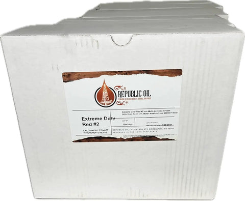 Box of Red High Temp Calcium Sulfonate Grease Heavy Duty All Purpose For Chassis And Wheel Bearings Agriculture And Construction 580 Plus Drop Point 1 Percent Water Washout Durable Workhorse Lubricant.