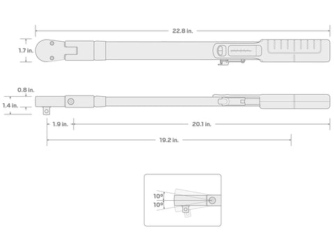 Diagram of Half Inch Drive Torque Wrench With 72-Tooth Split Beam, 40-250 Ft-Lb Range, Serialized And ASME Calibrated dimensions.