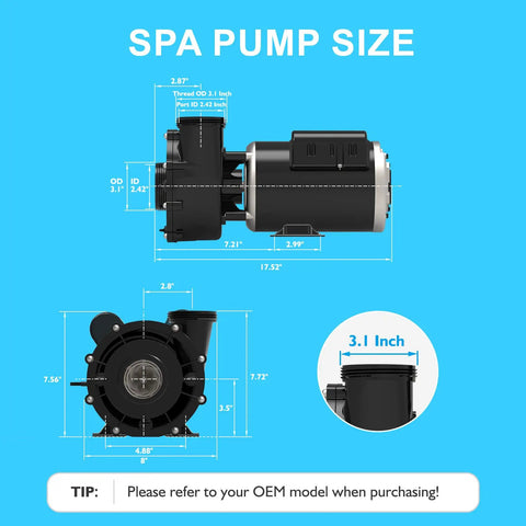 Heavy Duty 2.5Hp Hot Tub Spa Pump With 2 Speed Motor And 2Inch Port For 230V Systems dimensions showing 3.1 inch threaded port.