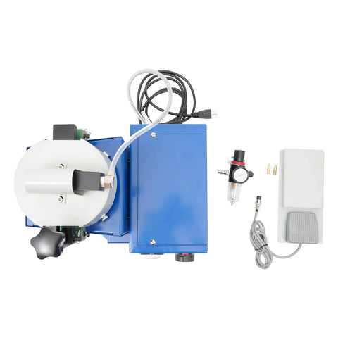 Top view of Industrial Pro Grade 800W Heavy Duty Hot Melt Glue Dispenser with pedal switch, pressure gauge, and accessories for factories.