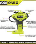 18 Volt One Plus Portable Cordless Tire Inflator With Ergonomic Pistol Grip For On The Go Air, detailed features displayed