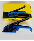 Heavy-Duty PET Strapping Machine Kit With Manual Tensioner And Sealer on yellow box, showing hardened steel tool for 13-19mm polyester straps.