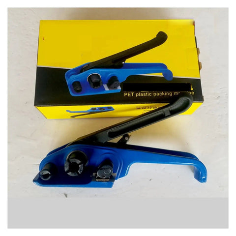 Heavy-Duty PET Strapping Machine Kit With Manual Tensioner And Sealer on yellow box, showing hardened steel tool for 13-19mm polyester straps.