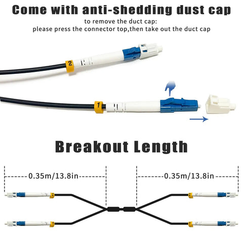 Heavy Duty Single Mode OS2 Fiber Optic Cable With LC To LC Connectors For Outdoor Projects showing connectors and breakout length details.