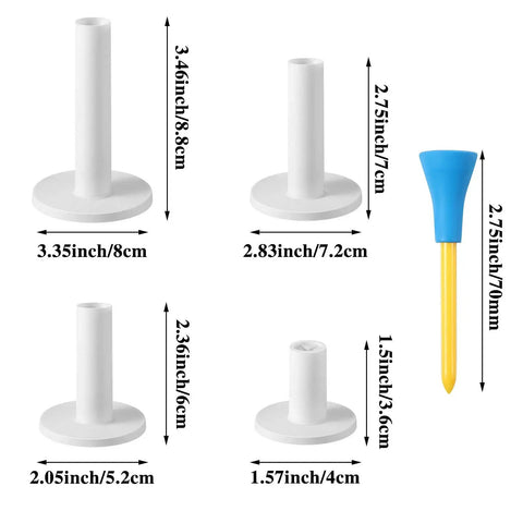 Four rubber tee holders and one plastic tee from 18 Piece Rubber Golf Tees And Tee Holder Kit For Indoor Outdoor Practice On Artificial Turf Mats.