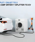 Hefty Dryer To EV Y Splitter Cord 30 Amp Male Dropping Down To Dual 30 Amp Female Nema Jacks connected to dryer and EV.
