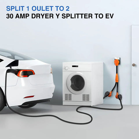 Hefty Dryer To EV Y Splitter Cord 30 Amp Male Dropping Down To Dual 30 Amp Female Nema Jacks connected to dryer and EV.