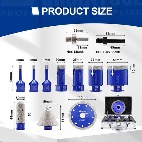 Heavy Duty Diamond Tile Drill Bit Kit Packaged With Twelve Premium Porcelain Hole Saws, sizes and shank details displayed.