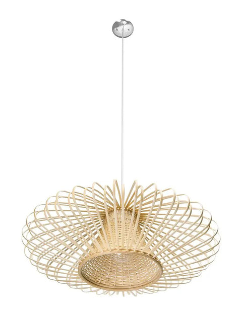 Handwoven Bamboori Discus Pendant Lamp In Natural Brown, 18 Inch Diameter, 9 In Height, Adjustable 70 Inch Cord, Wicker Design