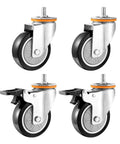 Four Beefy Heavy Duty PU Swivel Caster Wheels With MX Threaded Stem for industrial carts and machinery, two with dual locking brakes.