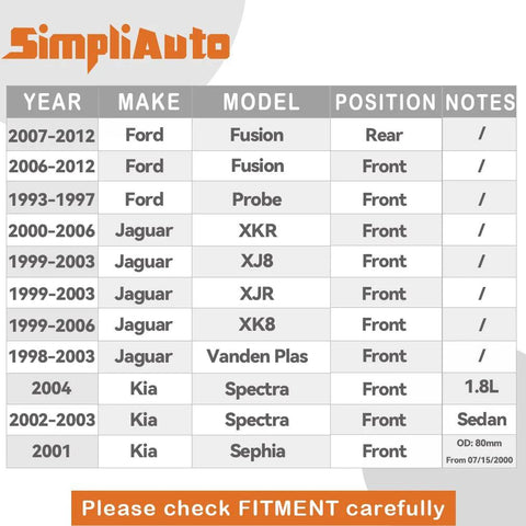 Fitment chart for Heavy Duty Wheel Hub Bearing Replacement For Ford Fusion And Jaguar XJ8 XJR XK8 XKR Kia Spectra Lincoln Zephyr Mazda 3 5 6 Mercury Milan Front Or Rear Easy Install Non ABS