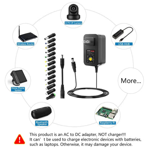 All In One 30W Adjustable Power Supply Adapter For Gadgets, 3V To 12V Output With 5V 2.1A USB Port, 14 Tips, AC To DC Converter