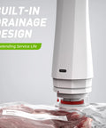 Angled front-side view of white USB-rechargeable cordless handheld vacuum sealer sealing a meat bag.
