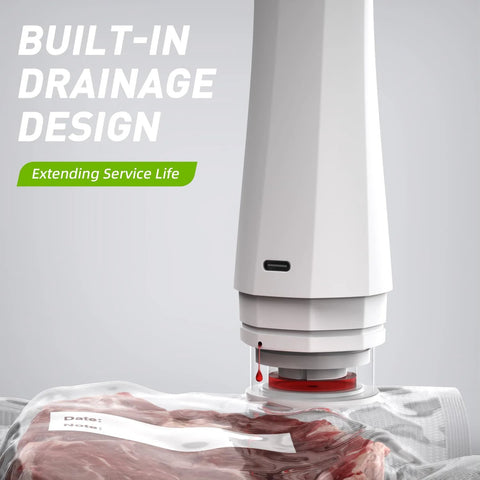 Angled front-side view of white USB-rechargeable cordless handheld vacuum sealer sealing a meat bag.
