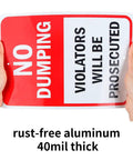 Heavy Duty No Dumping Warning Sign Pair 10 By 7 Inch Rust Free Aluminum Weather Resistant UV Coated Outdoor Property Keeper Straight Up Keep It Clear Tough As Nails held in hand