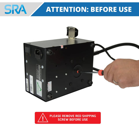 Back view of 852A Pro SMD Digital Hot Air Rework Station with a hand removing red shipping screw, 500 Watt Heating Power Fast Heat Up.
