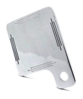 Front view of chrome motorcycle tag plate with mounting hole and grooved lines