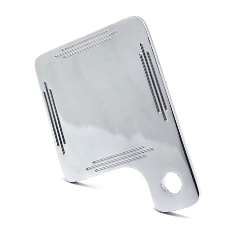 Front view of chrome motorcycle tag plate with mounting hole and grooved lines