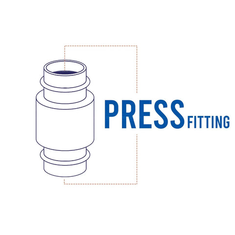 Front view line drawing of a brass inline press fitting with 3/4 in connections
