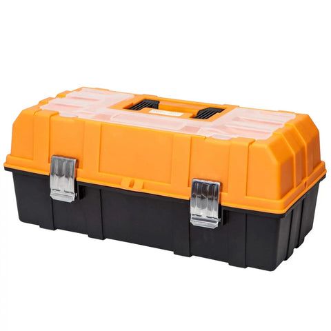 17 Inch Plastic Tool Box With 3 Tier Fold Out Trays, Heavy Duty Latches For Easy Metric Imperial Sorting, Portable Shop Case Built Tough For The Daily Grind And No Sweat Organization
