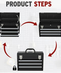 Image showing step-by-step use of Three Drawer Portable Tool Box With Locking System, Steel Construction in black.