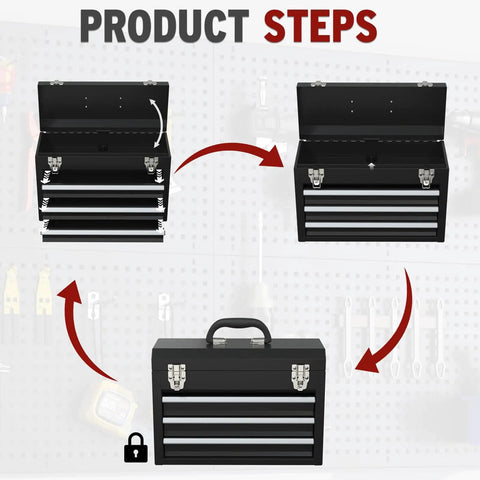 Image showing step-by-step use of Three Drawer Portable Tool Box With Locking System, Steel Construction in black.