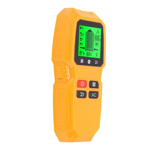 Stud Finder Wall Scanner Wood Metal Beam AC Wire Detector in yellow with LCD display for detecting studs and wires.