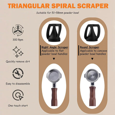 Triangular Spiral Scraper for 51Mm or 58Mm powder bowl, featuring right angle and round scrapers for quick dirt removal.