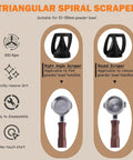 Triangular Spiral Scraper for Espresso Machines, includes right angle and round scrapers, 300 RPM for quick cleanup.